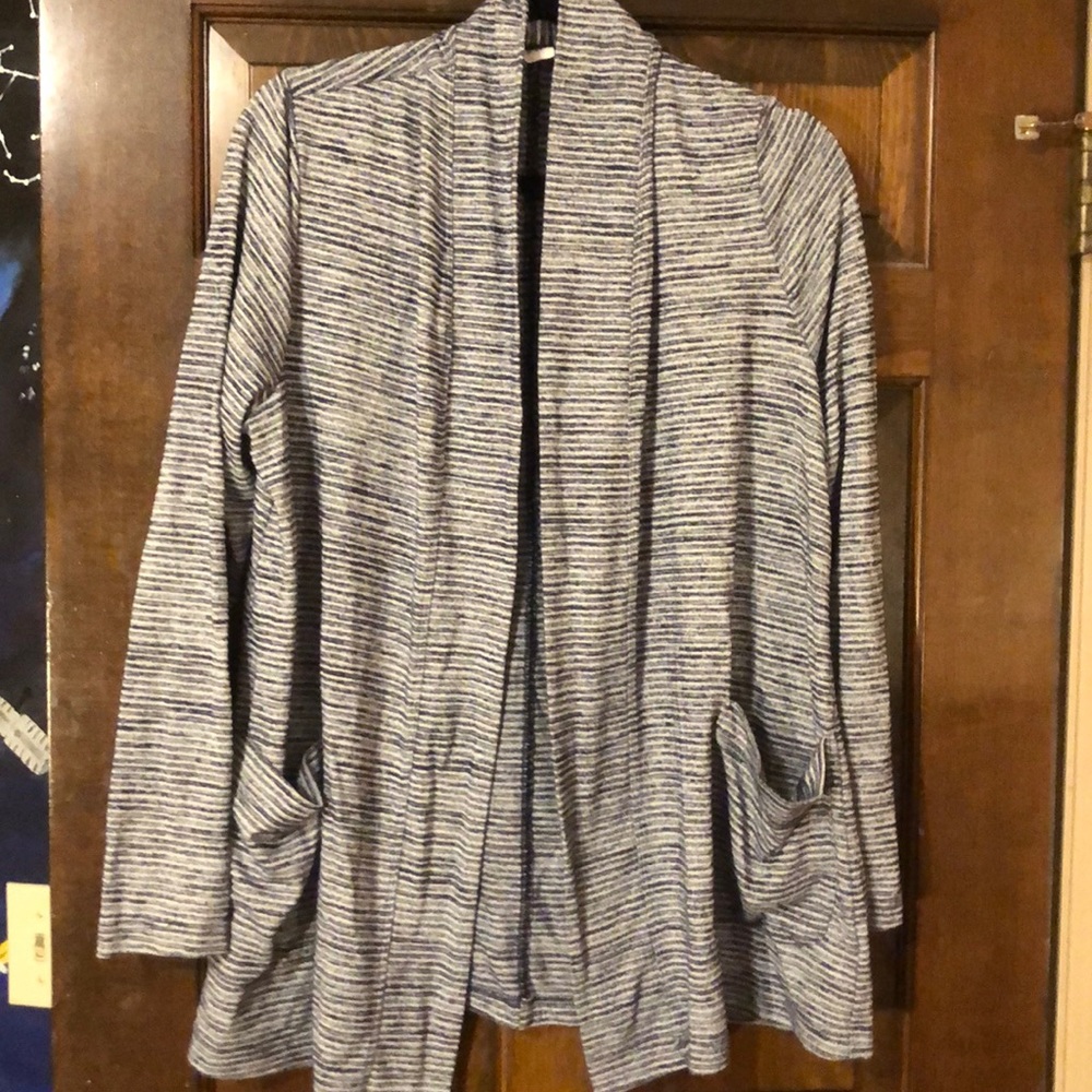 Long Navy Blue and White Striped Cardigan